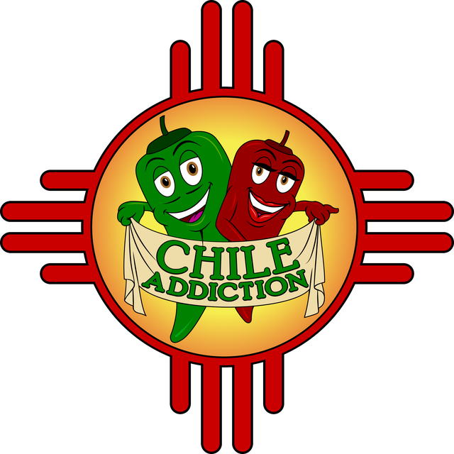 The Chile Addiction logo: a red Zia sun with a green chile and a red chile holding a banner that reads Chile Addiction