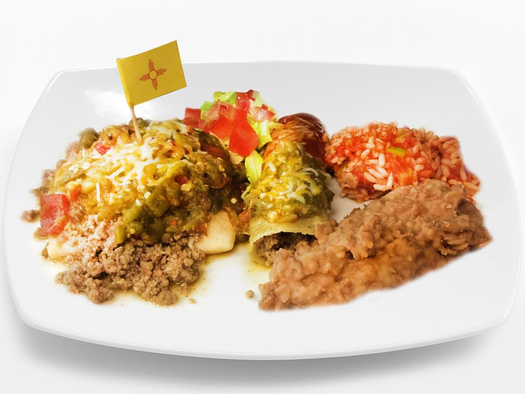Enchiladas smothered in green chile and cheese with a small New Mexico flag, Spanish rice and refried beans