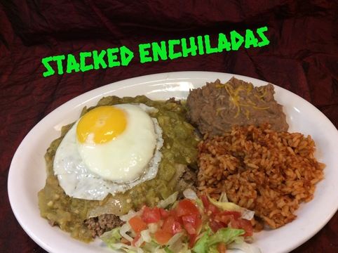 The Enabler Rolled or Stacked Enchiladas, as plated at Chile Addiction
